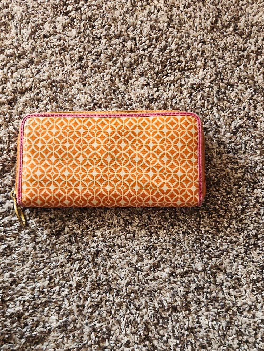 Fossil Orange Patterned Zip-Around Wallet with Pink Trim